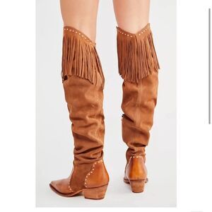 Free People Wayne Fringe Suede Over The Knee Leather Western Boots Brown 6 NIB